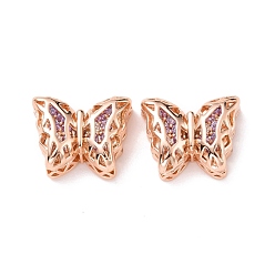 Lilac Eco-friendly Brass Cubic Zirconia Multi-Strand Links, Cadmium Free & Lead Free, Butterfly, Rose Gold, Lilac, 11x14x5.6mm, Hole: 1.2mm