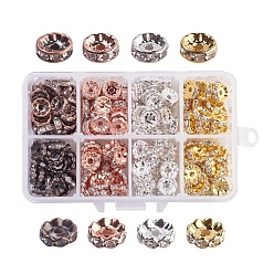 Mixed Color Brass Rhinestone Spacer Beads, Grade AAA, Wavy & Straight Flange, Rondelle, Mixed Color, 11x7x3cm, 25pcs/color, 200pcs/box