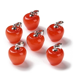 Red Cat Eye Pendants, with Iron Loops, Dyed, Apple, Red, 15x13.5mm, Hole: 5x3mm