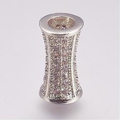 Platinum Brass Micro Pave Cubic Zirconia Beads, Tube, Platinum, 12x6mm, Hole: 3mm