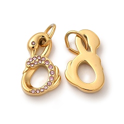 Light Rose Ion Plating(IP) 304 Stainless Steel Pendants, with Rhinestone and Jump Rings, Swan, Golden, Light Rose, 19.5x11.5x3mm, Hole: 6x3mm