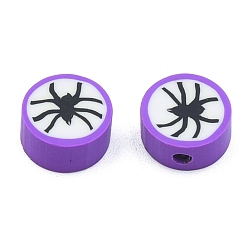 Spider Patrón de tema de halloween cuentas de arcilla polimérica hechas a mano, plano y redondo, patrón de araña, 9.5x4.5 mm, agujero: 1.6 mm