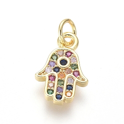 Golden Brass Micro Pave Cubic Zirconia Charms, with Jump Rings, Hamsa Hand/Hand of Miriam, Colorful, Golden, 11.5x7.5x1.5mm, Hole: 2.5mm