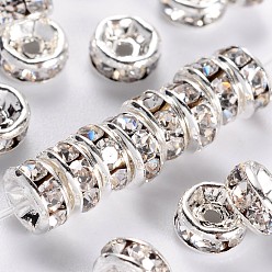 Crystal Brass Rhinestone Spacer Beads, Grade AAA, Straight Flange, Nickel Free, Silver Color Plated, Rondelle, Crystal, 4x2mm, Hole: 0.8mm
