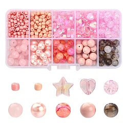 Perlas de Color Rosa Kit de búsqueda de joyería de cuentas de bricolaje, incluyendo imitación de jade y crujido y corazón y estrella y cuentas redondas de acrílico y vidrio, rosa perla, 4~10x3~9 mm, agujero: 1~2 mm, 713 unidades / caja