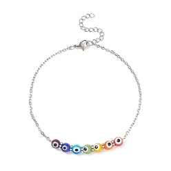 Stainless Steel Color Multi-Colored Handmade Evil Eye Lampwork Anklets, with 304 Stainless Steel Cable Chains, Stainless Steel Color, 8-5/8 inch(22cm)