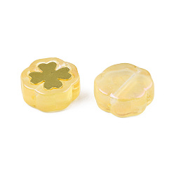 Champagne Yellow Transparent Spray Painted Glass Beads, with Glitter Powder and Golden Plated Brass Findings, Flower, Champagne Yellow, 12x12x4.5mm, Hole: 1mm