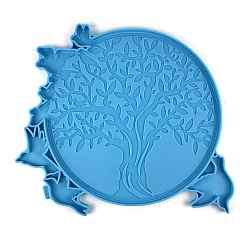 Bleu Ciel Foncé Bricolage rond en silicone avec des moules de décoration murale oiseau et arbre de vie, moules de résine, pour la résine UV, fabrication artisanale de résine époxy, bleu profond du ciel, 280x315x10mm