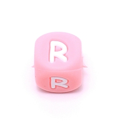Letter R Силиконовые бусины с алфавитом для изготовления браслетов или ожерелий, стиль письма, розовый куб, буква r, 12x12x12 мм, отверстие : 3 мм