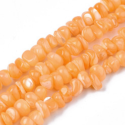 Coral Natural Sea Shell Beads Strands, Dyed, Chips, Coral, 2~7x5~7.5x4.5~7mm, Hole: 0.5~0.7mm, about 97~105pcs/strand, 15.55 inch~15.98 inch(39.5cm~40.6cm)