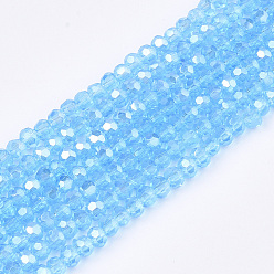 Deep Sky Blue Electroplate Glass Beads Strands, Pearl Luster Plated, Faceted, Rondelle, Deep Sky Blue, 2.5~3x2~2.5mm, Hole: 0.6mm, about 196pcs/strand, 19 inch