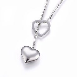 Stainless Steel Color 304 Stainless Steel Lariat Necklaces, with Lobster Claw Clasps, Heart, Stainless Steel Color, 17.3 inch(44cm), 1.5mm