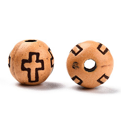 Sandy Brown Imitation Wood Acrylic Beads, Round with Cross Pattern, Sandy Brown, 8mm, Hole: 2mm, about 1800pcs/500g