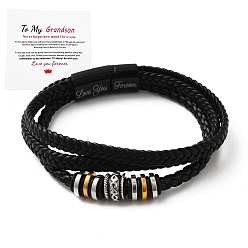 Black Word Love You Forever Leather Braided Triple Layer Multi-strand Bracelet, Inspirational Graduation Birthday Gifts for Son Grandson, Black, 8-7/8 inch(22.5cm)