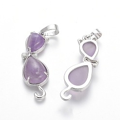 Amethyst Natural Amethyst Kitten Pendants, with Platinum Tone Brass Findings, Cat with Bowknot Shape, 35.5x12x6mm, Hole: 5x7mm