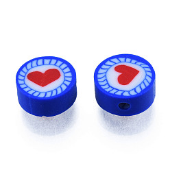 Blue Handmade Polymer Clay Beads, Flat Round with Heart, Blue, 9.5~10x4.5~5mm, Hole: 1.6mm