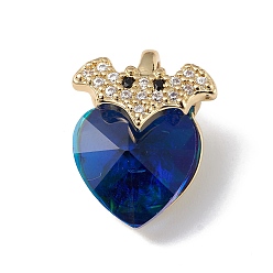 Dark Blue Real 18K Gold Plated Rack Plating Brass Micro Pave Clear Cubic Zirconia Pendants, with Glass, Long-Lasting Plated, Cadmium Free & Lead Free, Bat with Heart Charm, Dark Blue, 18x14x9.5mm, Hole: 5x3mm