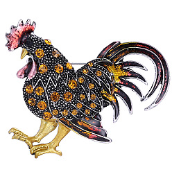 Oro Broche de gallo de diamantes de imitación, insignia de aleación del zodiaco chino para ropa de mochila, oro, 65x50 mm
