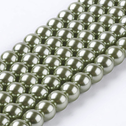 Kaki Foncé Brins de perles rondes en verre teinté écologique, Grade a, cordon en coton fileté, kaki foncé, 8mm, Trou: 0.7~1.1mm, Environ 52 pcs/chapelet, 15 pouce