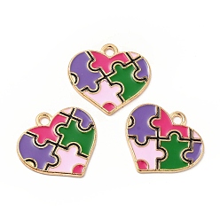 Colorful Alloy Enamel Pendants, Heart with Autism Puzzle Pattern Charm, Golden, Colorful, 19x20.5x1mm, Hole: 2mm