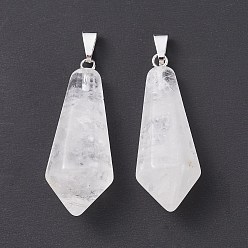 Cristal de Quartz Pendentifs à facettes en cristal quartz naturel, pendentifs en cristal de roche, avec boucles en laiton plaqué platine, balle, 35.3~38x13~14mm, Trou: 6.5x2.8mm