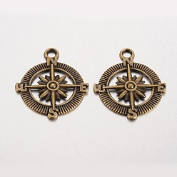 Antique Bronze Compass Tibetan Style Alloy Pendants, Lead Free & Nickel Free & Cadmium Free, Antique Bronze, 29x25x2mm, Hole: 3mm, about 588pcs/1000g