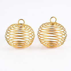 Golden Iron Wire Pendants, Spiral Bead Cage Pendants, Round, Golden, 28x23mm, Hole: 5mm