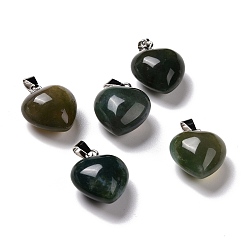 Moss Agate Natural Moss Agate Pendants, with Platinum Brass Loops, Heart, 18~19x15~15.5x6~8mm, Hole: 6x2.5~3mm