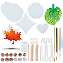 White DIY Cup Mat Kit, with Silicone Molds, 304 Stainless Steel Tweezers, Plastic Art Brushes Pen Value Sets, Tinfoil, Stirring Tool, White