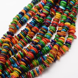 Colorful Dyed Disc Natural Freshwater Shell Beads Strands, Shell Shards, Colorful, 7~13x2~3mm, Hole: 1mm, about 29.9 inch