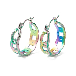 Rainbow Color 304 Stainless Steel Curb Chain Chunky Hoop Earrings for Women, Rainbow Color, 22x20.5x7mm, Pin: 0.7mm