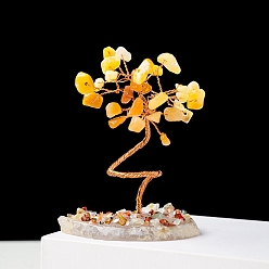 Jade Topacio Chips de piedras preciosas naturales y decoraciones de exhibición de pedestal de jade topacio natural, con alambres de latón bañados en oro rosa, árbol afortunado, 60~131 mm