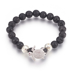 Platinum & Silver Stretch Bracelets, with Long-Lasting Plated Electroplated Natural Lava Rock, Natural Lava Rock and Brass Cubic Zirconia Beads, Tortoise, Platinum & Silver, 2-1/4 inch(5.6cm)