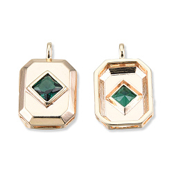 Green Brass Pave Cubic Zirconia Pendants, Cadmium Free & Nickel Free & Lead Free, Real 18K Gold Plated, Octagon, Green, 16x10x4mm, Hole: 1.4mm