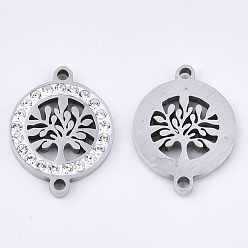Stainless Steel Color 201 Stainless Steel Links connectors, with Polymer Clay Crystal Rhinestone, Flat Round with Tree of Life, Stainless Steel Color, 20x15x2.5mm, Hole: 1.6mm