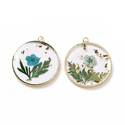 Dark Turquoise Transparent Clear Epoxy Resin Pendants, with Edge Golden Plated Brass Loops and Gold Foil, Flat Round Charms with Inner Flower, Dark Turquoise, 33.8x30x4mm, Hole: 2.5mm