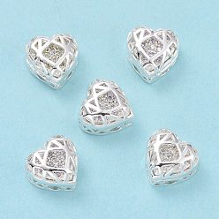 Clear Eco-friendly Brass Cubic Zirconia Multi-Strand Links, Nickel Free, Cadmium Free & Lead Free, Heart, Silver Color Plated, Clear, 8x8x5mm, Hole: 1.2mm