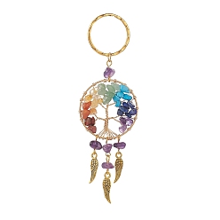 Amethyst Natural Amethyst Keychain, with Iron Split Key Rings, Alloy Wing Charms and Mixed Gemstone Tree of Life Linking Rings, 11.2cm