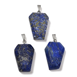 Lapislázuli Naturales lapis lazuli colgantes, dijes hexagonales facetados con rejilla enchapada en acero inoxidable enchapado en color 201 broches de acero inoxidable, sin plomo y cadmio, 33.5~36x19~21.5x7~8.5 mm, agujero: 3x8 mm