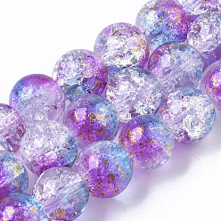 Medium Orchid Transparent Spray Painted Crackle Glass Bead Strands, with Golden Foil, Round, Medium Orchid, 10~11mm, Hole: 1.4~1.6mm, about 39~42pcs/Strand, 14.84 inch~15.27 inch(37.7~38.8cm)