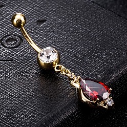 Red Piercing Jewelry, Eco-Friendly Brass Cubic Zirconia Navel Ring, Belly Rings, with 304 Stainless Steel Bar, teardrop, Real 18K Gold Plated, Red, 45x12mm, Bar: 15 Gauge(1.5mm), Bar Length: 3/8"(10mm)