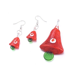 Red (Jewelry Parties Factory Sale)Handmade Lampwork Jewelry Sets, Pendants and Dangle Earrings, with Brass Earring Hooks, Christmas Bell, Platinum, Red, Pendants: 62.5x34x10mm, Hole: 8.5mm, Earrings: 50mm, Pin: 0.5mm