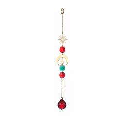 Colorful Glass Teardrop & Octagon Window Hanging Suncatchers, Brass Sun & Moon & Star Pendants Decorations, Christmas Theme Ornaments, Colorful, 220mm
