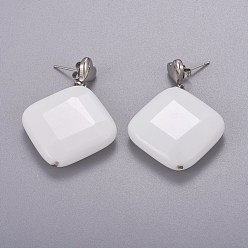 White 304 Stainless Steel Dangle Stud Earrings, with Ceramic Beads, with Ear Nuts, Rhombus, Faceted, White, 44mm, Pin: 0.8mm