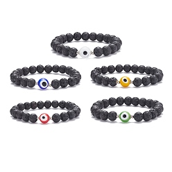 Mixed Color Natural Lava Rock Round Beaded Stretch Bracelet with Evil Eye Lampwork, Essential Oil Gemstone Jewelry for Women, Mixed Color, Inner Diameter: 2-1/8 inch(5.4cm)