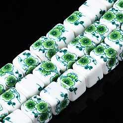 Green Handmade Porcelain Ceramic Beads Strands, Flower Printed, Cube, Green, 9x9x9mm, Hole: 2.5mm, about 36pcs/strand, 12.4 inches(31.5cm)
