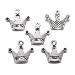 Antique Silver Tibetan Style Pendant Rhinestone Settings, Crown, Lead Free and Cadmium Free, with Word Princess, Antique Silver, 19x17mm, Hole: 2mm