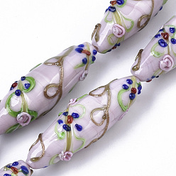 Plum Handmade Gold Sand Lampwork Beads Strands, Bumpy, Rice with Flower Pattern, Plum, 45~47.5x14.5~15.5mm, Hole: 1.5mm, about 10pcs/Strand, 17.72 inch