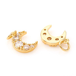 Real 18K Gold Plated Brass Micro Pave Cubic Zirconia Charms, with Jump Rings, Moon, Clear, Real 18K Gold Plated, 9.5x7x2mm, Jump Ring: 4x0.6mm, Hole: 2.5mm