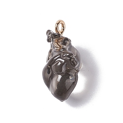 Gris Pendentifs en résine transparente, charmes de coeur anatomiques, avec boucles en fer plaqué or, grises , 20.5~21.5x11.5x11mm, Trou: 2mm